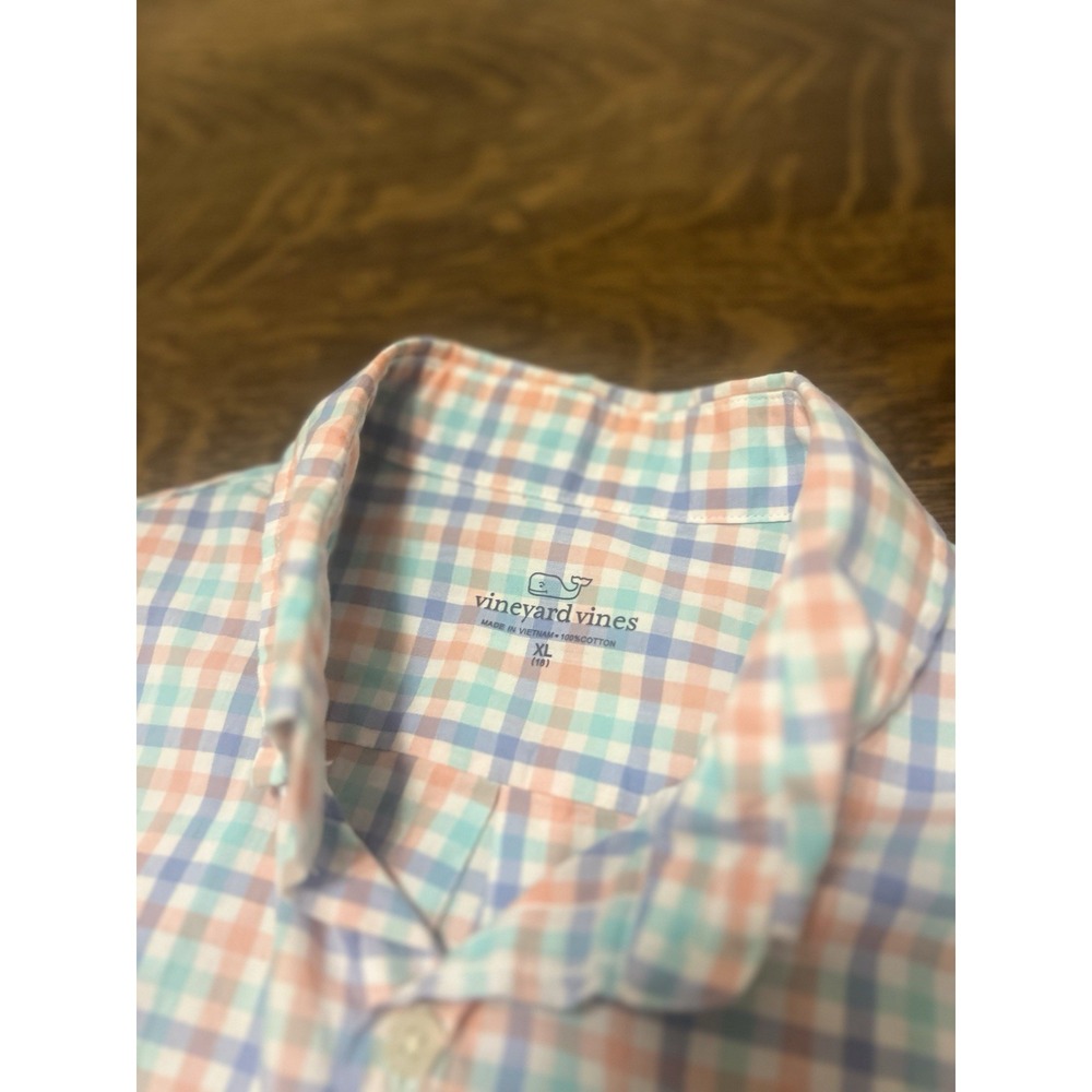 Vineyard Vines Boys XL 18 Plaid Whale Button Up Shirt Pink Blue Green